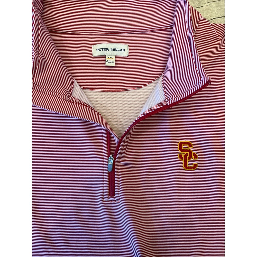 Peter Millar Red White Stripe USC Trojans Quarter Zip Pullover Golf Shirt Stripe